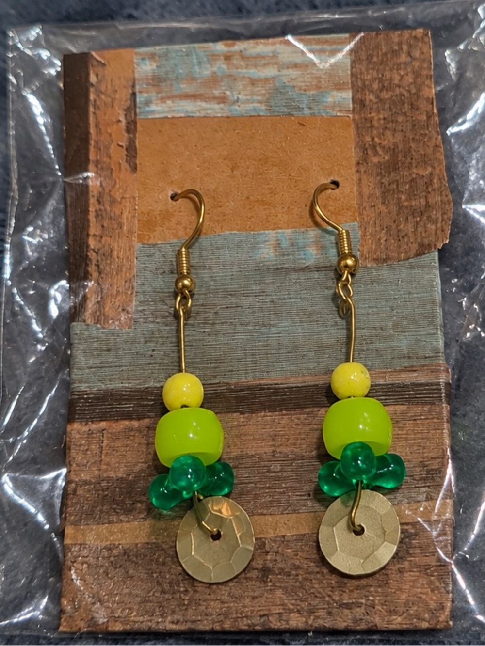 Handcrafted Irish Inspired Green & Yellow Bead Dangle Sequin Earrings